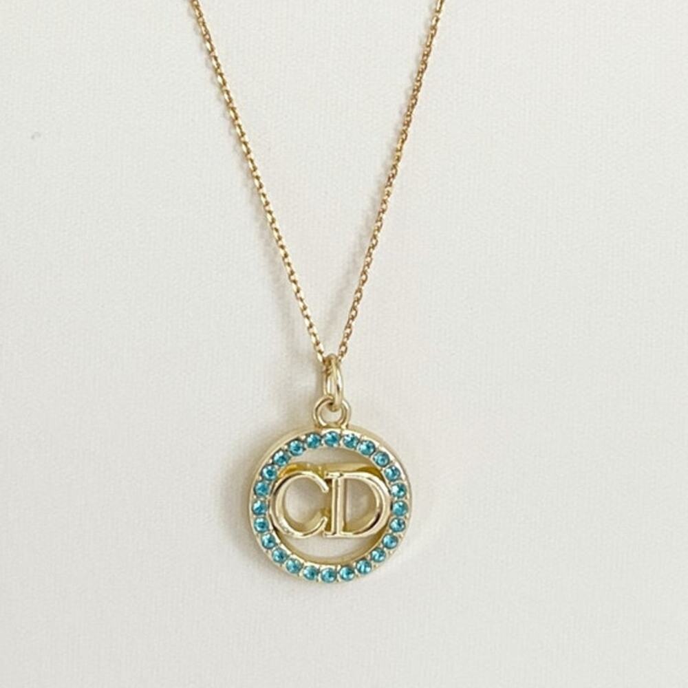 DIOR Necklace Zipper Pull Charm Pendant Gold Tone CD Logo Blue Rhinestones Char